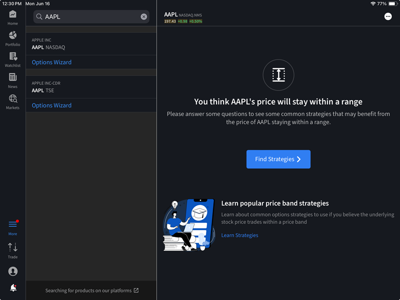 The options wizard find strategies button on the iPad
